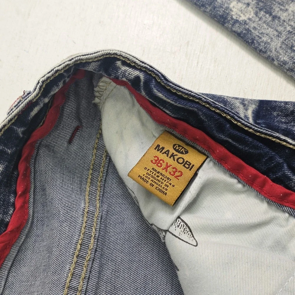 Makobi Biker Jeans Men's Size 36x32 Acid Wash Distressed Paint Splatter Moto